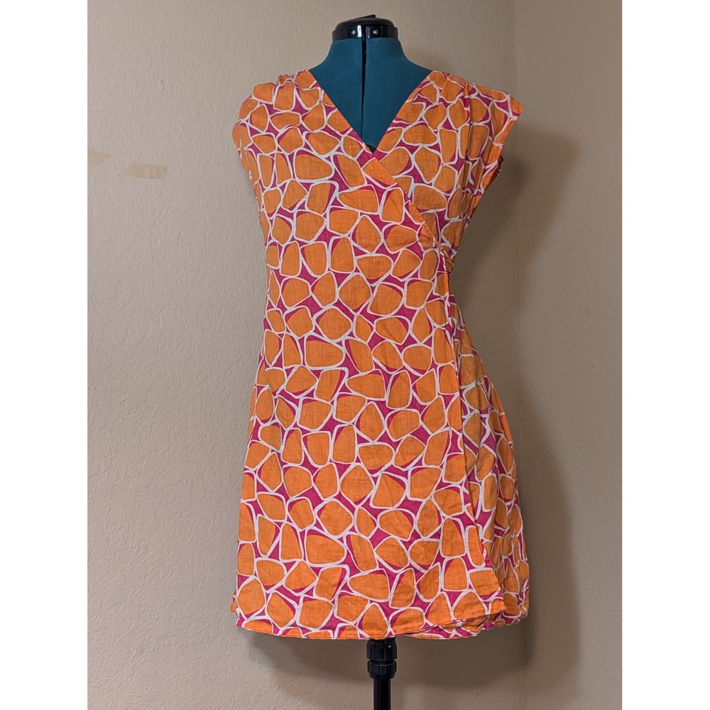 Diane von Furstenberg DVF Orange Pink Geometric 100% Linen Wrap Dress Large